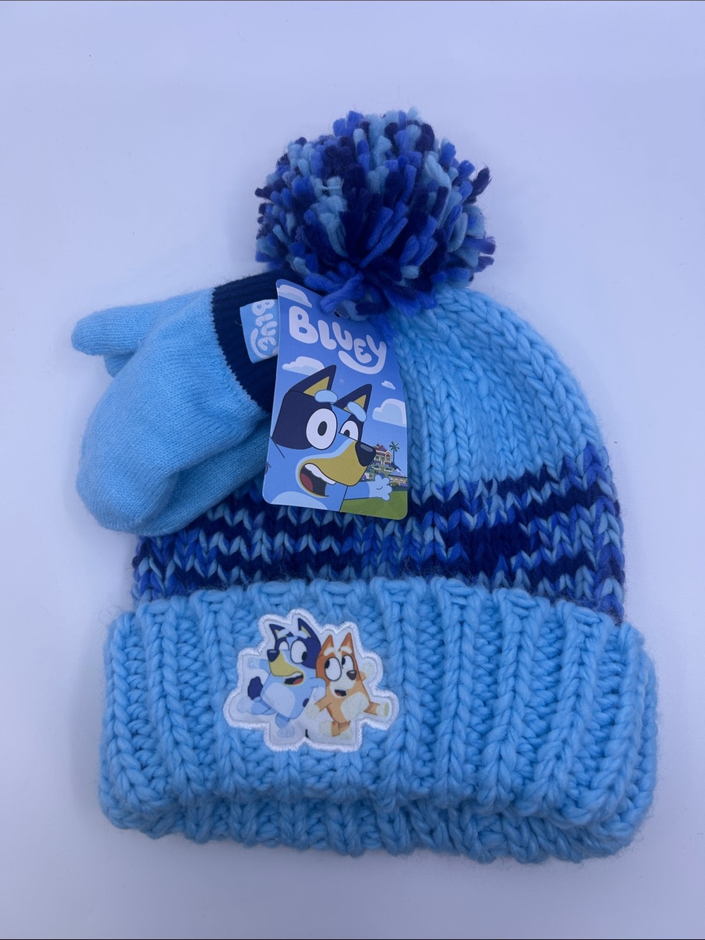 Lucy Blue Multi-Tone Knit Pom Hat with Matching Mittens